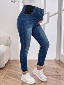 SHEIN 孕婦保暖內裡修身休閒百搭牛仔褲 女款牛仔風冬季穿搭 - 藍色 - 查看 6