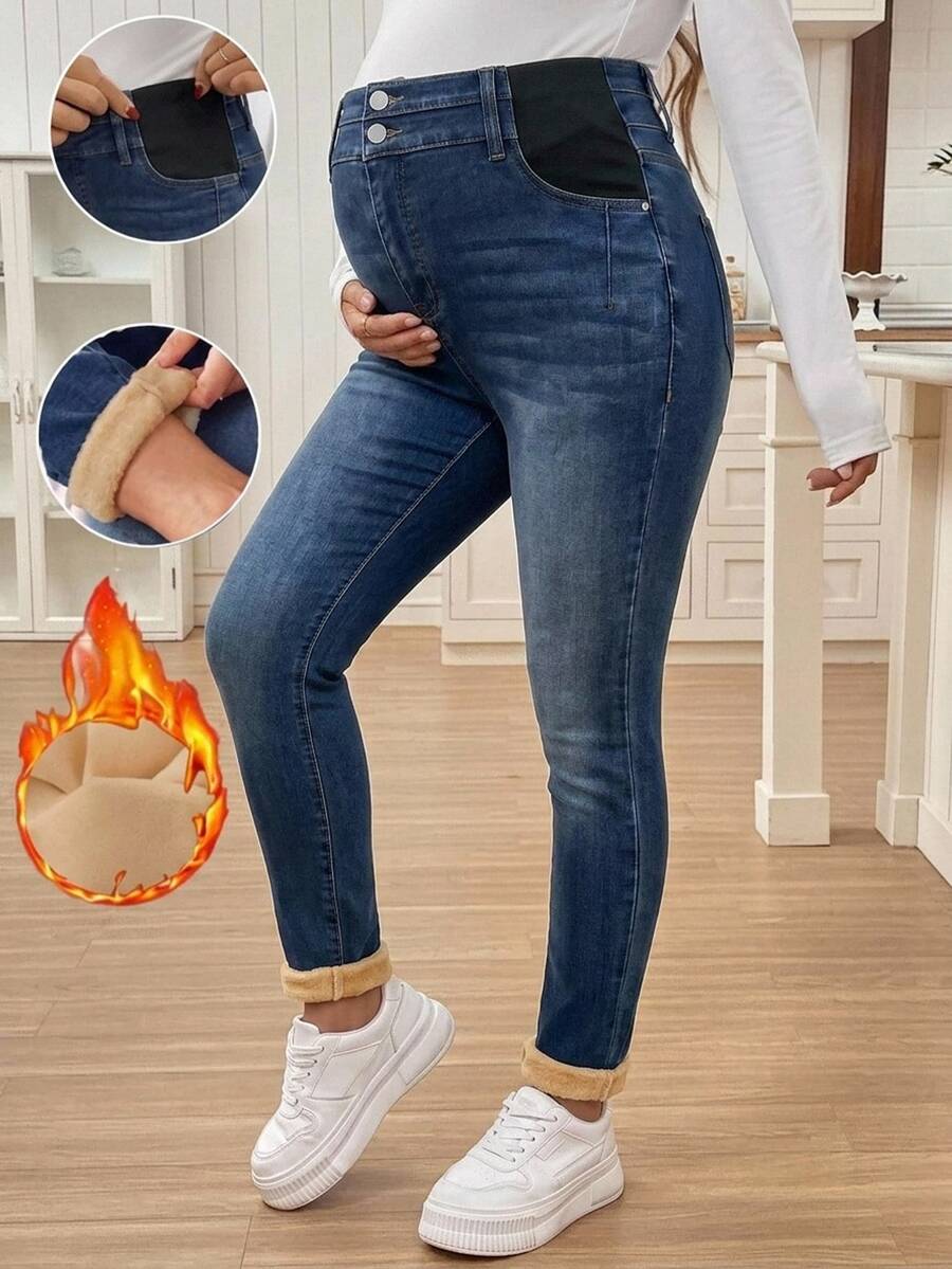 SHEIN 孕婦保暖內裡修身休閒百搭牛仔褲 女款牛仔風冬季穿搭 - 藍色 - 查看 1