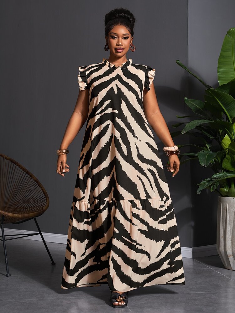 Veslaya Plus Size Women Zebra Print Frill Trim Stand Collar Cap Sleeve Casual Boho Elegant Dress Carribean Beige Summer Brunch Wedding Guest - Black and White - View 5