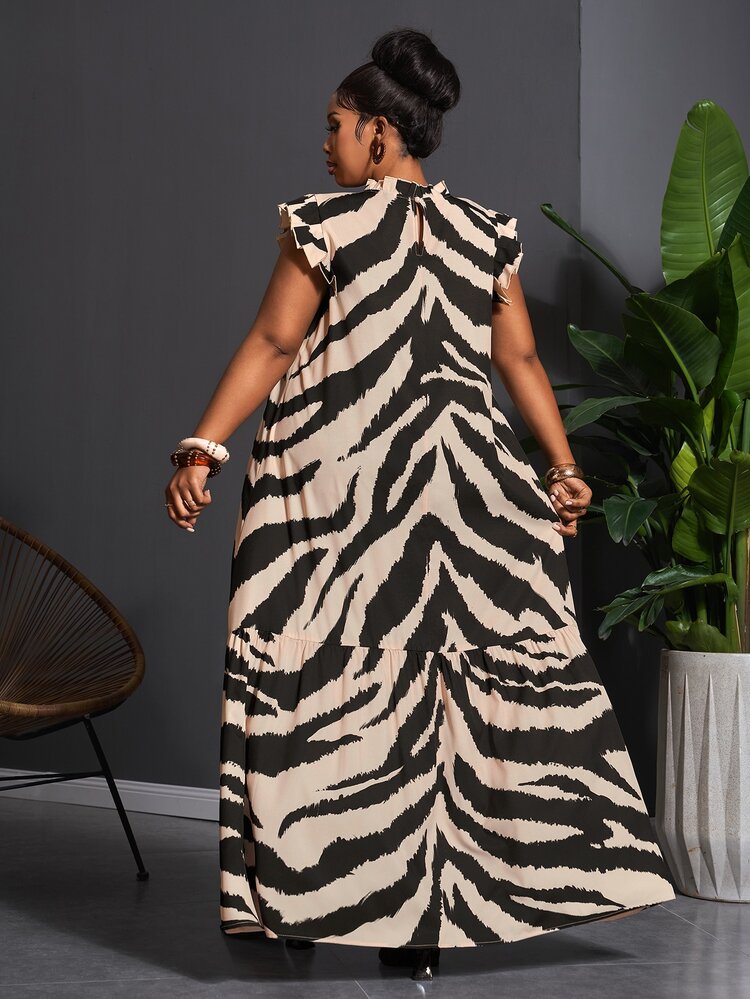 Veslaya Plus Size Women Zebra Print Frill Trim Stand Collar Cap Sleeve Casual Boho Elegant Dress Carribean Beige Summer Brunch Wedding Guest - Black and White - View 4