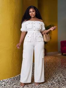 Slaydiva Plus Size Slim Fit Solid Allover White Long Casual Holiday Off Shoulder Jumpsuit With Pockets Spring Summer Vacation Cruise - White - View 1