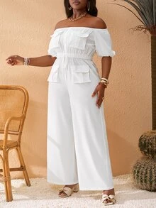 Slaydiva Plus Size Slim Fit Solid Allover White Long Casual Holiday Off Shoulder Jumpsuit With Pockets Spring Summer Vacation Cruise - White - View 4