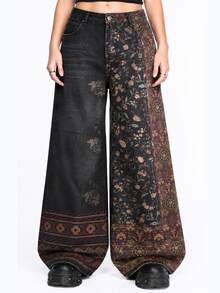 ROMWE Grunge Punk Celana Jeans Ukuran Besar Model Vintage Hippie Motif Blok Warna yang Melangsingkan dengan Potongan Lebar - MultiWarna - View 5