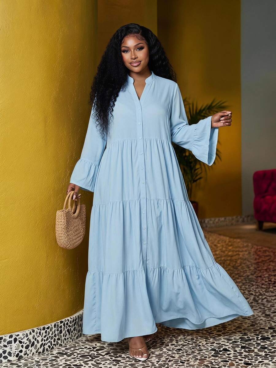 Slaydiva Slayr 大尺碼休閒優雅寬鬆 A 字版梭織女款襯衫裙 秋季早午餐正式穿著 天藍色 - 天藍色 - 查看 1