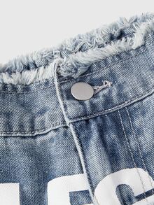 ROMWE Street Life Celana Panjang Wanita Ukuran Besar Gaya Streetwear Pinggang Ganda Gaya Punk dengan Patchwork Bintang Denim Kaki Lebar - Biru - View 3