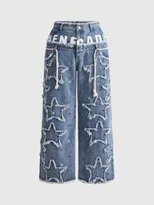 ROMWE Street Life Celana Panjang Wanita Ukuran Besar Gaya Streetwear Pinggang Ganda Gaya Punk dengan Patchwork Bintang Denim Kaki Lebar - Biru - View 1