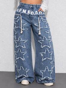ROMWE Street Life Celana Panjang Wanita Ukuran Besar Gaya Streetwear Pinggang Ganda Gaya Punk dengan Patchwork Bintang Denim Kaki Lebar - Biru - View 5