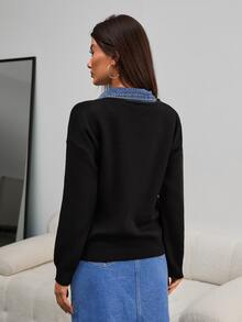 SHEIN جاكيت سويتر نسائي مقاس كبير بتصميم 2 في 1 من الدنيم والتريكو بألوان متباينة وأزرار، كاجوال تقليدي رسمي للنادي والعطلات، أسود، خريفي - الأسود - مشاهدة 2