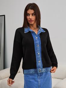 SHEIN جاكيت سويتر نسائي مقاس كبير بتصميم 2 في 1 من الدنيم والتريكو بألوان متباينة وأزرار، كاجوال تقليدي رسمي للنادي والعطلات، أسود، خريفي - الأسود - مشاهدة 6