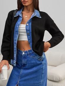 SHEIN جاكيت سويتر نسائي مقاس كبير بتصميم 2 في 1 من الدنيم والتريكو بألوان متباينة وأزرار، كاجوال تقليدي رسمي للنادي والعطلات، أسود، خريفي - الأسود - مشاهدة 4