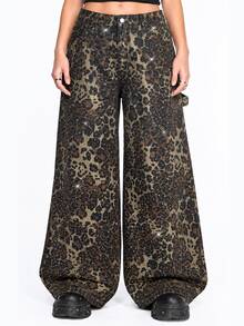 ROMWE Street Life Plus Size Women's Leopard Print Rhinestone Wide Leg Denim Jeans Streetwear Long Pants - Multicolor - View 5
