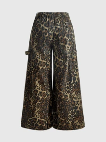 ROMWE Street Life Plus Size Women's Leopard Print Rhinestone Wide Leg Denim Jeans Streetwear Long Pants - Multicolor - View 2