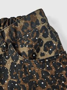 ROMWE Street Life Plus Size Women's Leopard Print Rhinestone Wide Leg Denim Jeans Streetwear Long Pants - Multicolor - View 4