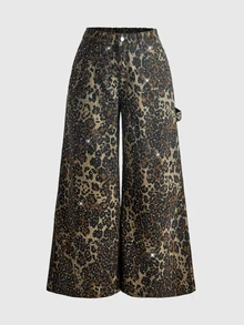 ROMWE Street Life Plus Size Women's Leopard Print Rhinestone Wide Leg Denim Jeans Streetwear Long Pants - Multicolor - View 1