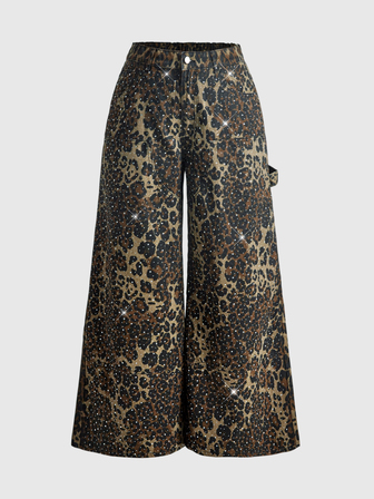 Street Life Jeans de mezclilla de pierna ancha con estampado de leopardo y pedrería para mujer talla grande, pantalones largos de estilo urbano