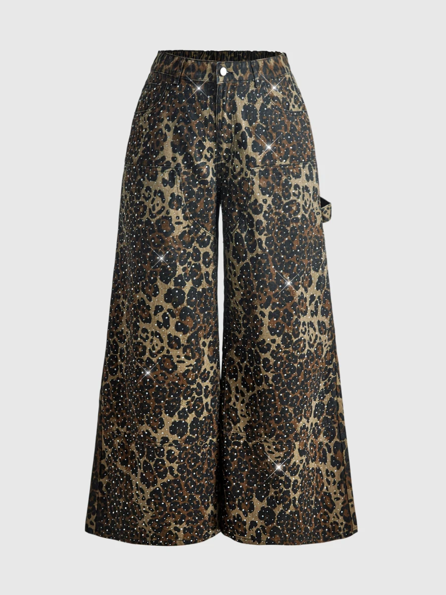 ROMWE Street Life Plus Size Women's Leopard Print Rhinestone Wide Leg Denim Jeans Streetwear Long Pants - Multicolor - View 1