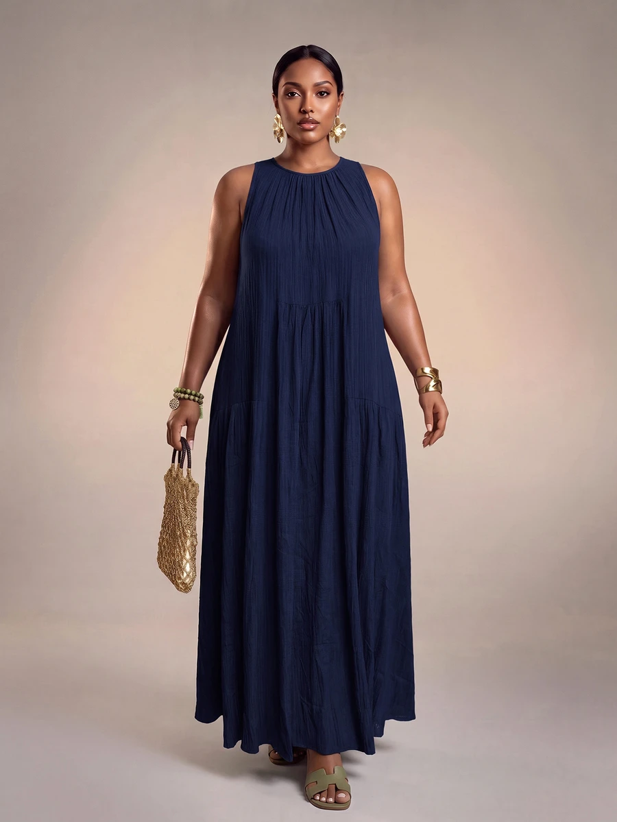 Veslaya Plus Size Women Solid Color Pleated Casual Daily Summer Dress - Navy Blue - View 1