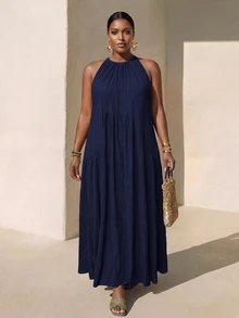 Veslaya Plus Size Women Solid Color Pleated Casual Daily Summer Dress - Navy Blue - View 2