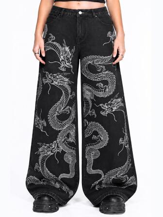 Grunge Punk Plus Size Women's Wide Leg Denim Jeans With Dragon Print, Loose Streetwear Casual Long Pants