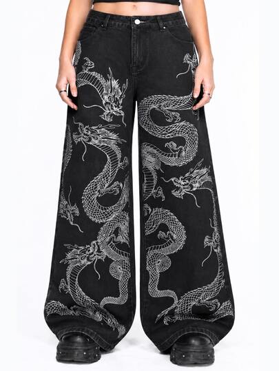 Grunge Punk Plus Size Women's Wide Leg Denim Jeans With Dragon Print, Loose Streetwear Casual Long Pants