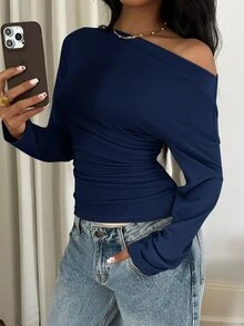 Siren Gaze Women's Solid Color Oblique Shoulder Long Sleeve Ruched Fitted Casual T-Shirt,Fall Winter Blue Spring - Navy Blue - View 4