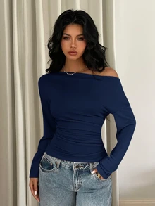 Siren Gaze Women's Solid Color Oblique Shoulder Long Sleeve Ruched Fitted Casual T-Shirt,Fall Winter Blue Spring - Navy Blue - View 5