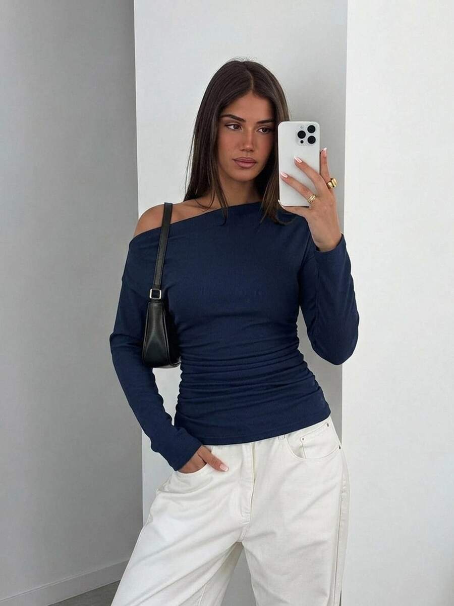 Siren Gaze Women's Solid Color Oblique Shoulder Long Sleeve Ruched Fitted Casual T-Shirt,Fall Winter Blue Spring - Navy Blue - View 1
