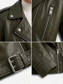 RueChic PU Coated Belted And Zipper Detailed Jackets For Winter And Autumn - Olive Green - View 4
