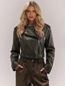 RueChic PU Coated Belted And Zipper Detailed Jackets For Winter And Autumn - Olive Green - View 9