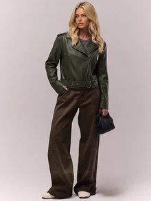 RueChic PU Coated Belted And Zipper Detailed Jackets For Winter And Autumn - Olive Green - View 6