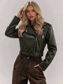 RueChic PU Coated Belted And Zipper Detailed Jackets For Winter And Autumn - Olive Green - View 8
