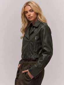 RueChic PU Coated Belted And Zipper Detailed Jackets For Winter And Autumn - Olive Green - View 7