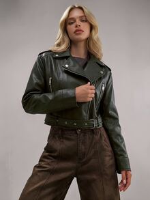 RueChic PU Coated Belted And Zipper Detailed Jackets For Winter And Autumn - Olive Green - View 3