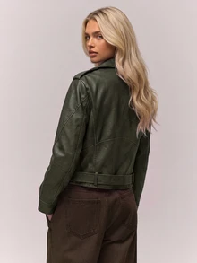RueChic PU Coated Belted And Zipper Detailed Jackets For Winter And Autumn - Olive Green - View 2