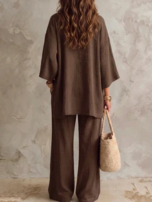 Solivie Autumn 3-Piece Solid Color Open Front Cardigan, Camisole And Pants Linen Set, Casual Daily Wear, Suitable For Vacation And Home Loungewear, Coffee Brown - Coffee Brown - View 3