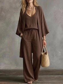 Solivie Autumn 3-Piece Solid Color Open Front Cardigan, Camisole And Pants Linen Set, Casual Daily Wear, Suitable For Vacation And Home Loungewear, Coffee Brown - Coffee Brown - View 8