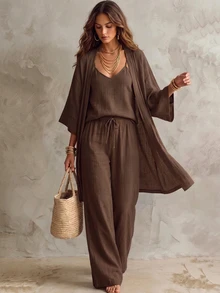 Solivie Autumn 3-Piece Solid Color Open Front Cardigan, Camisole And Pants Linen Set, Casual Daily Wear, Suitable For Vacation And Home Loungewear, Coffee Brown - Coffee Brown - View 4