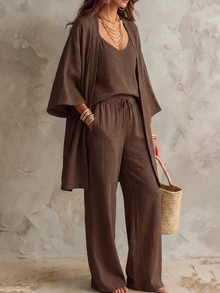 Solivie Autumn 3-Piece Solid Color Open Front Cardigan, Camisole And Pants Linen Set, Casual Daily Wear, Suitable For Vacation And Home Loungewear, Coffee Brown - Coffee Brown - View 5