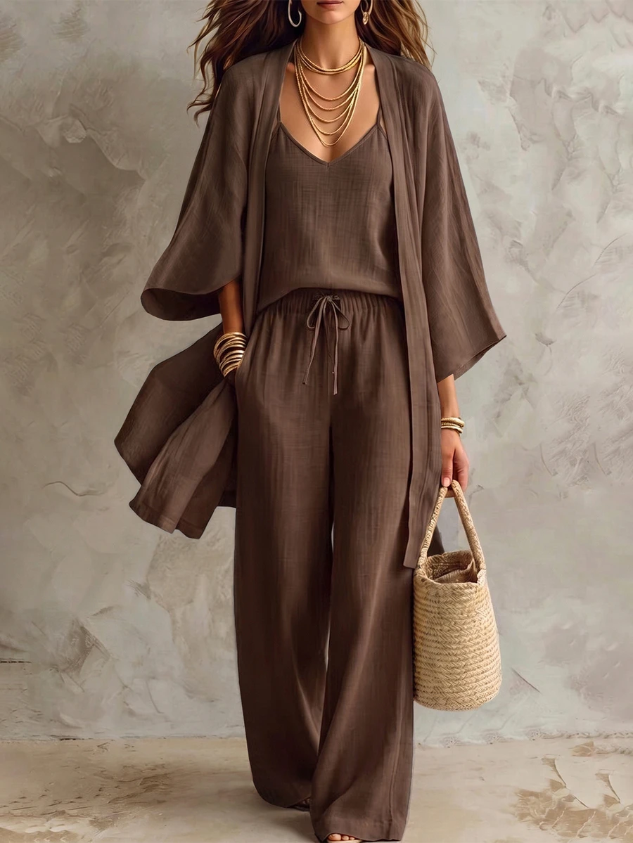 Solivie Autumn 3-Piece Solid Color Open Front Cardigan, Camisole And Pants Linen Set, Casual Daily Wear, Suitable For Vacation And Home Loungewear, Coffee Brown