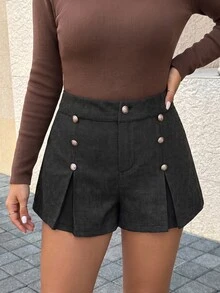 Easura Plus Size Wool Plaid High-Quality Elegant Women's Wide Leg Shorts With Metal Button Design And Split Hem - Multicolor - View 3
