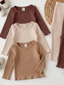 SHEIN Baby Girl Knit Solid Color Crew Neck Casual T-Shirt Top 3pcs Pieces Set,3 Random Pieces,Only Tops - Multicolor - View 2