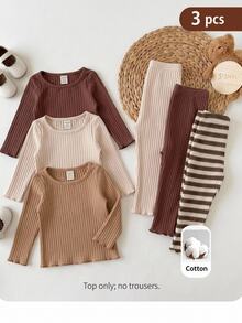 SHEIN Baby Girl Knit Solid Color Crew Neck Casual T-Shirt Top 3pcs Pieces Set,3 Random Pieces,Only Tops - Multicolor - View 1