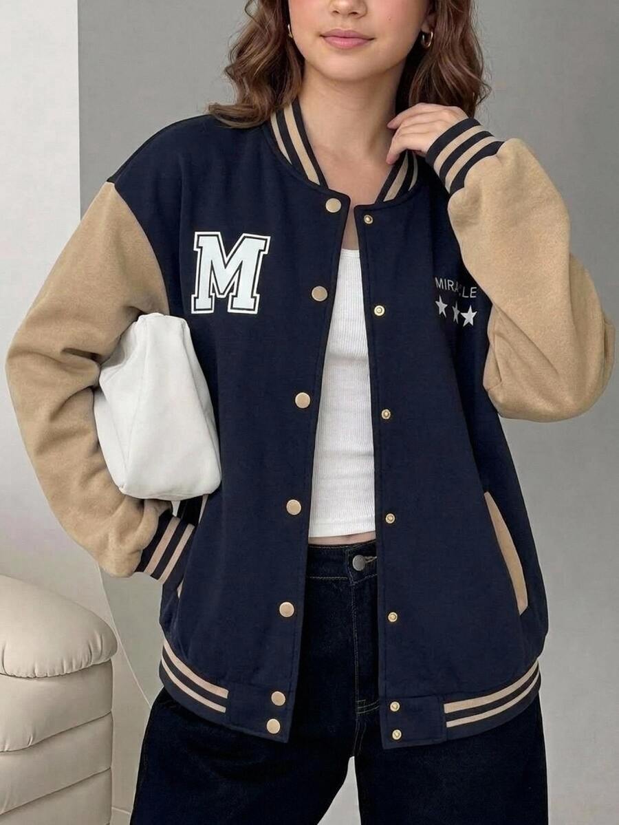 SHEIN 青少年女孩皇家藍拼色字母大學棒球夾克,秋季,長袖,秋季穿搭,冬季,休閒,復古,圖案 - 藏蓝色 - 查看 1