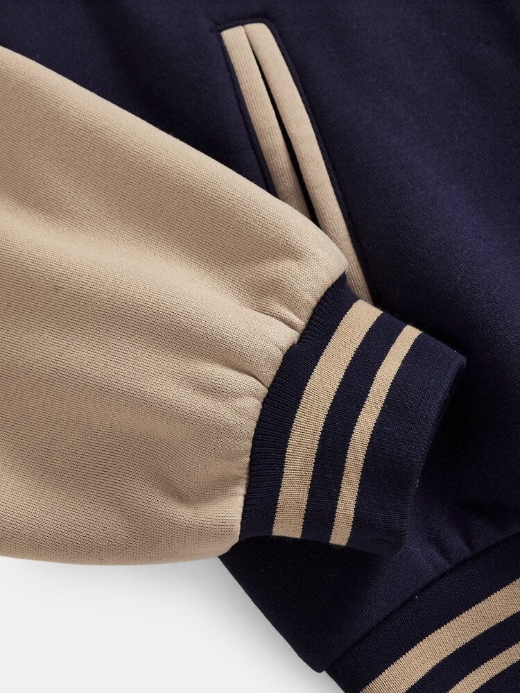 SHEIN Teen Girl Royal Blue Colorblock Letter Varsity Baseball Jacket, Fall, Long Sleeve, Fall Outfits, Winter, Casual, Retro, Graphic - Navy Blue - View 5