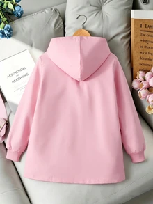 SHEIN 女童與青少年休閒時尚梭織素色長袖連帽單排扣夾克，附裝飾口袋與全印花花卉圖案 - 粉色 - 查看 6