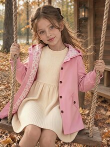 SHEIN 女童與青少年休閒時尚梭織素色長袖連帽單排扣夾克，附裝飾口袋與全印花花卉圖案 - 粉色 - 查看 3