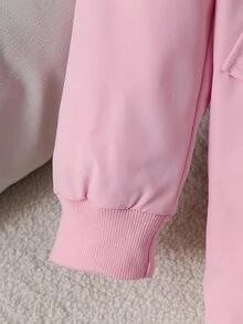 SHEIN 女童與青少年休閒時尚梭織素色長袖連帽單排扣夾克，附裝飾口袋與全印花花卉圖案 - 粉色 - 查看 4