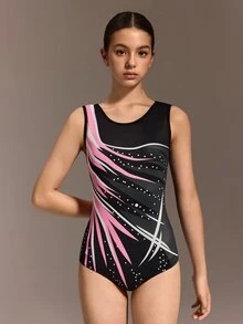 青少年女孩印花彈性無袖連身衣，黑白配色，夏季運動街頭風，適合抒情舞、Rave舞、健身房、體操運動服，多色可選 - 彩色 - 查看 7