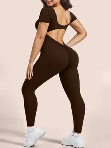 SHEIN Rhythm Era Women's Plus Size Solid Color Backless Fitted Sports Jumpsuit Gym Brown Summer Tropical Cow Girl - Brown - View 6