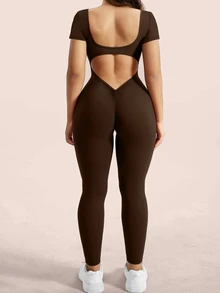 SHEIN Rhythm Era Women's Plus Size Solid Color Backless Fitted Sports Jumpsuit Gym Brown Summer Tropical Cow Girl - Brown - View 8